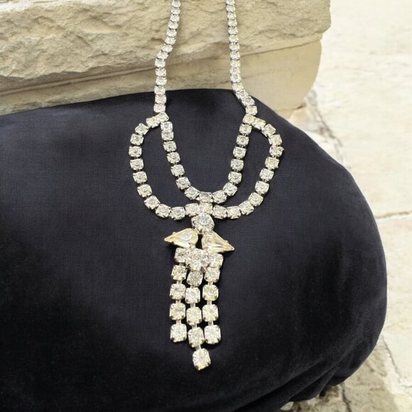 Gold-Tone Rhinestone Necklace With Drape Pendant And Secure Clasp - Picture 3 of 6